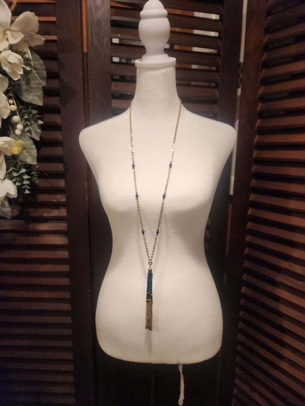 New York & Company Gold Long Chain Necklace with Blue Beads and Tassel